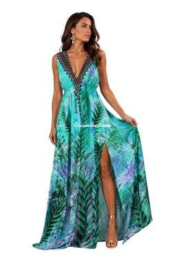SHAHIDA PARIDES QUEEN PALM PRINT AQUA GREEN MAXI DRESS SZ M/L $419